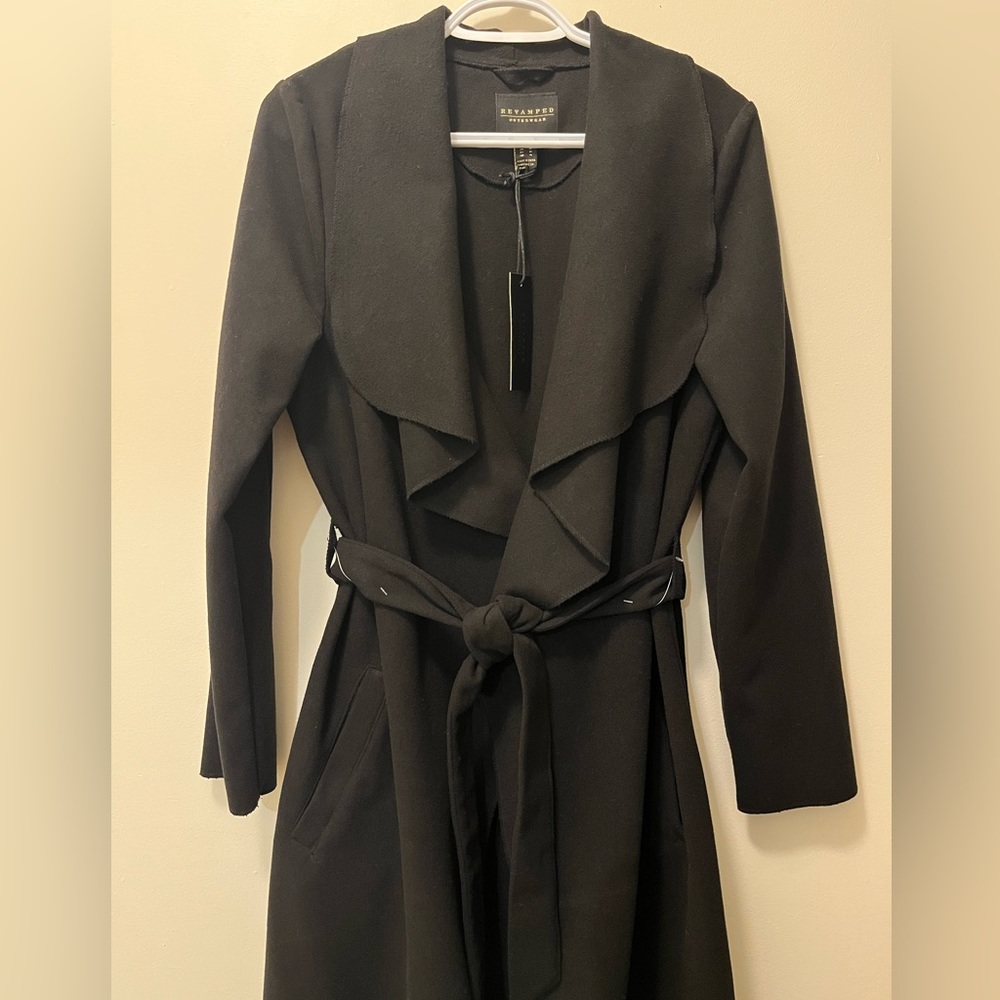 Revamped Black Waterfall Trench Coat with Tie Belt